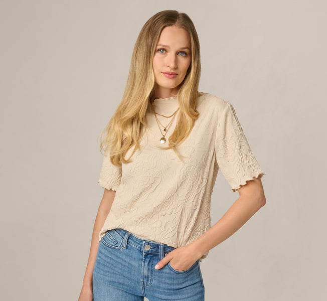 White Short Sleeve Floral Embossed Knit Top - Adrianna Papell