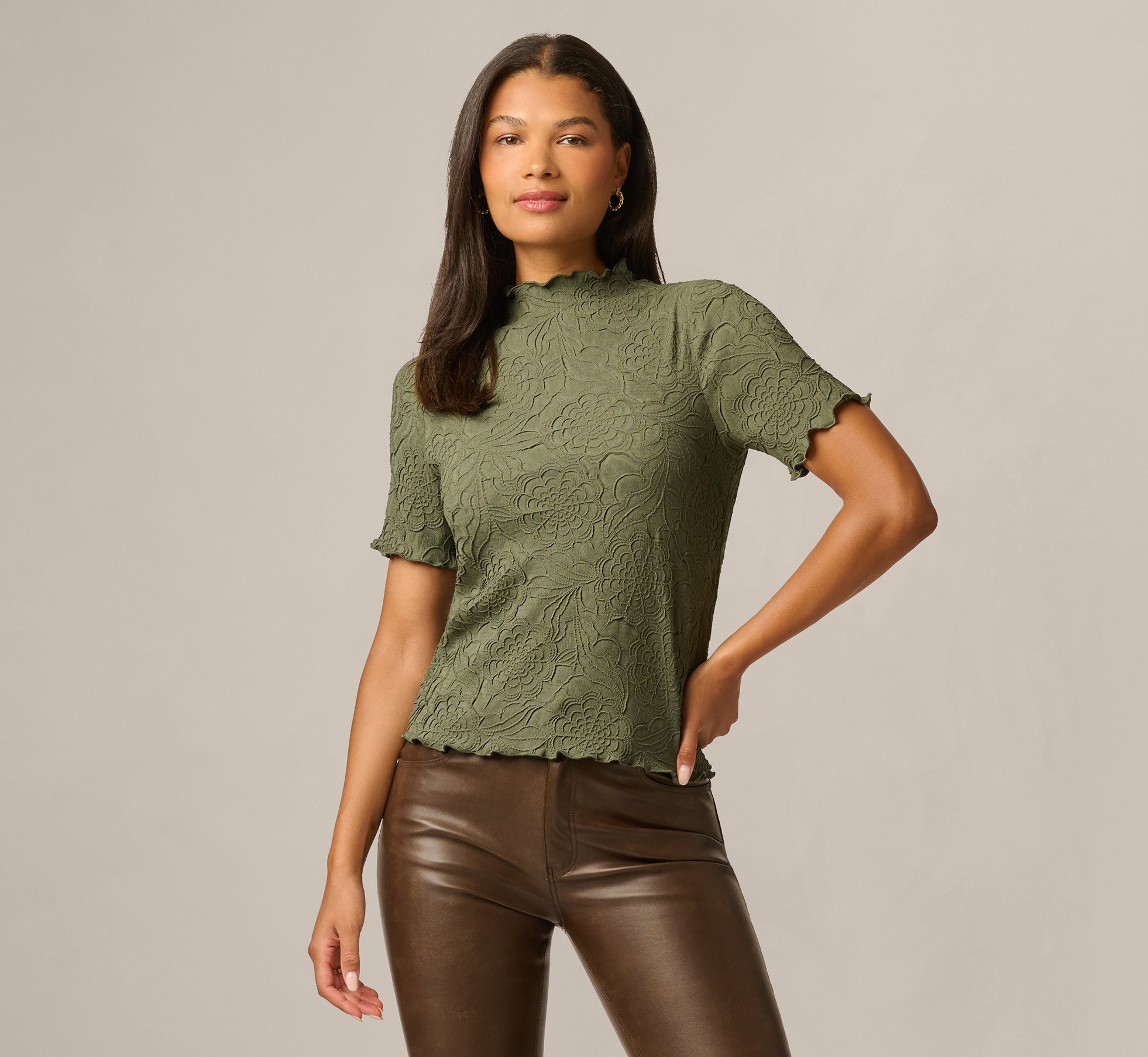 Green Short Sleeve Floral Embossed Knit Top - Adrianna Papell