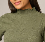 Short Sleeve Floral Embossed Knit Top In Olivine 4
