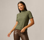 Short Sleeve Floral Embossed Knit Top In Olivine 1