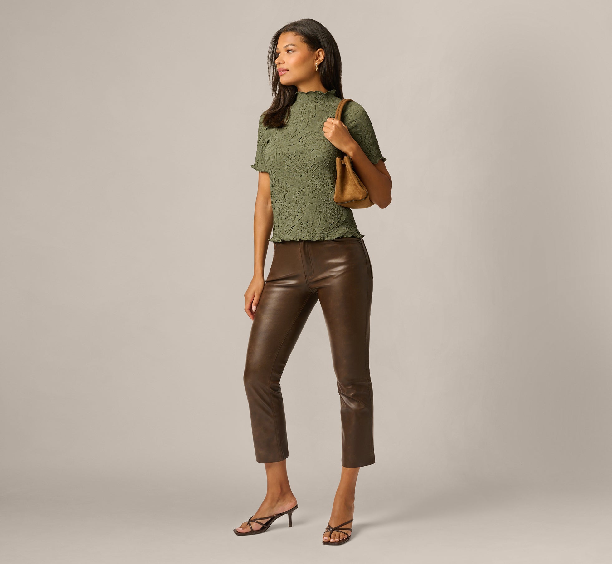 Green Short Sleeve Floral Embossed Knit Top - Adrianna Papell