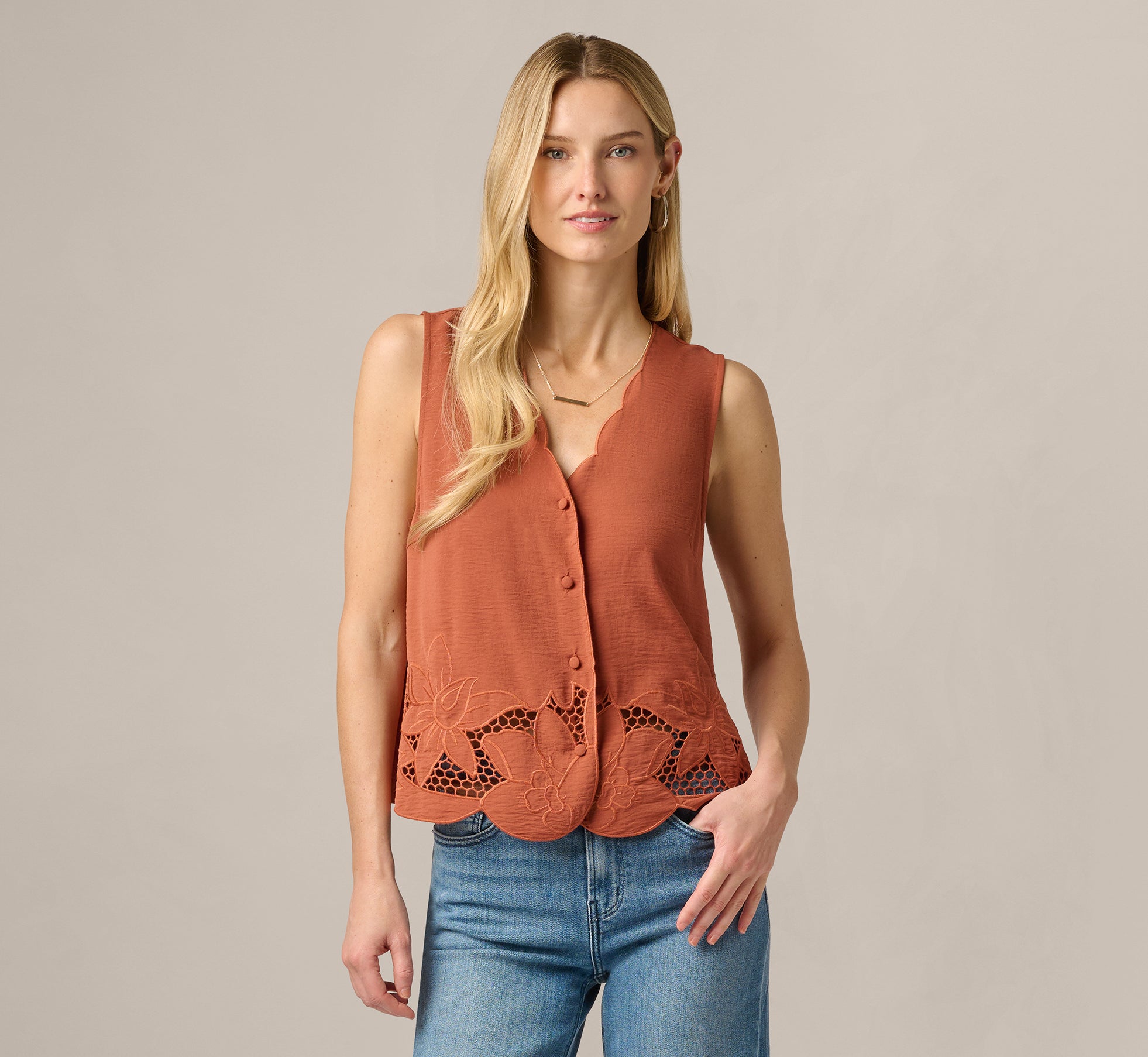 Brown Floral Embroidered Lace Vest Top - Adrianna Papell