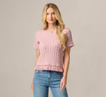Short Sleeve Fringe Hem Cable Knit Sweater In Light Mauve 3