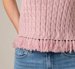 Short Sleeve Fringe Hem Cable Knit Sweater In Light Mauve 4