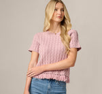 Short Sleeve Fringe Hem Cable Knit Sweater In Light Mauve 1
