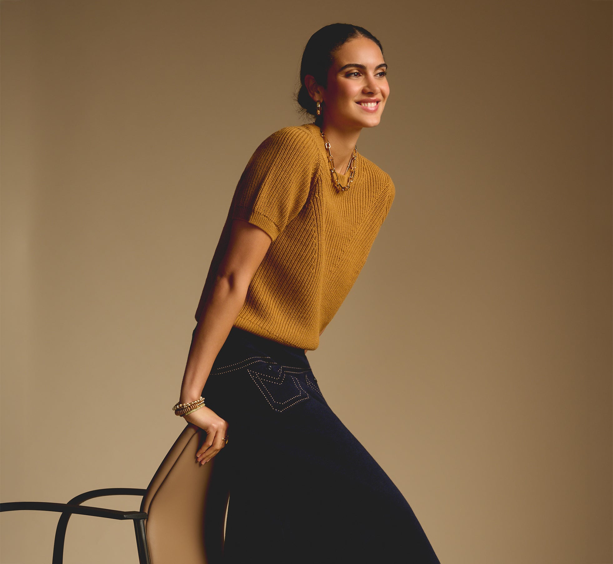 Short Sleeve Shaker Knit Pullover Sweater In Butternut 1