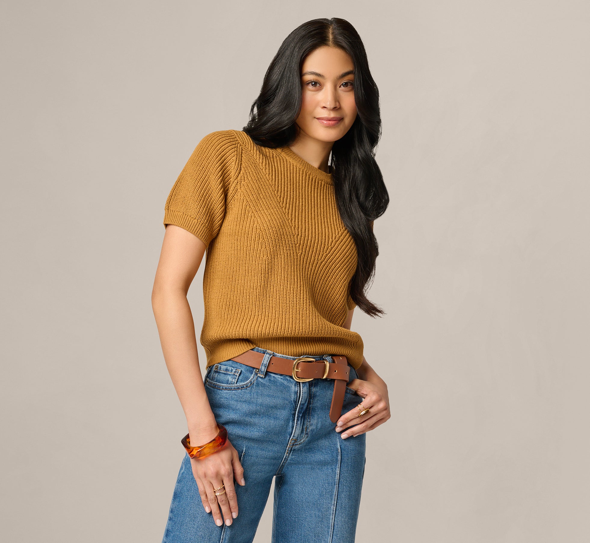 Yellow Short Sleeve Shaker Knit Pullover Sweater - Adrianna Papell