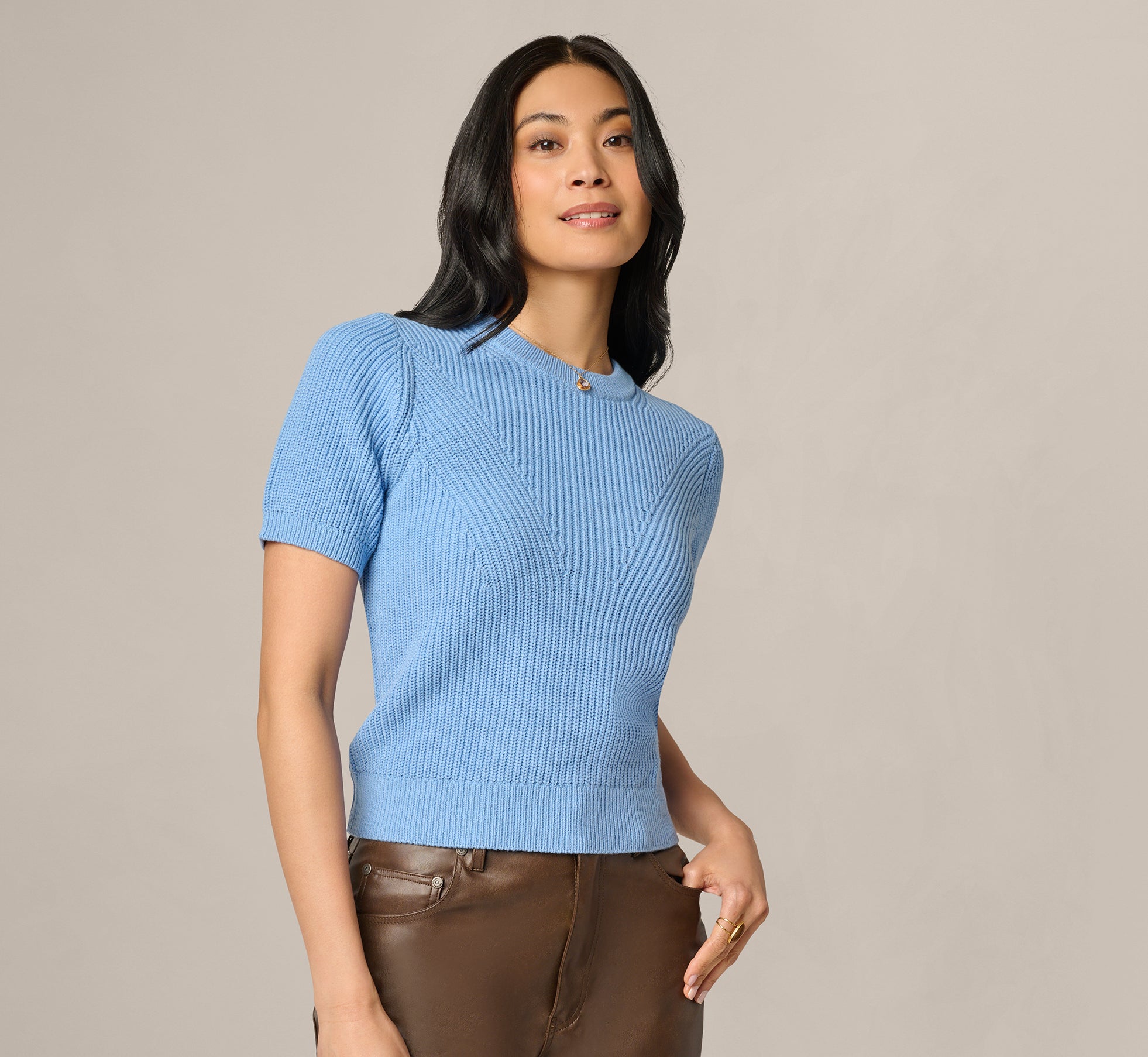 Short Sleeve Shaker Knit Pullover Sweater In Classic Blue 1