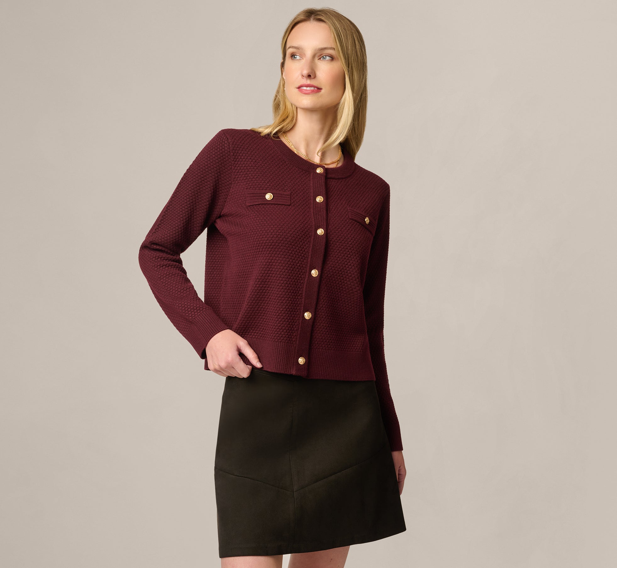 Long Sleeve Textured Knit Cardigan Sweater In Berry 1