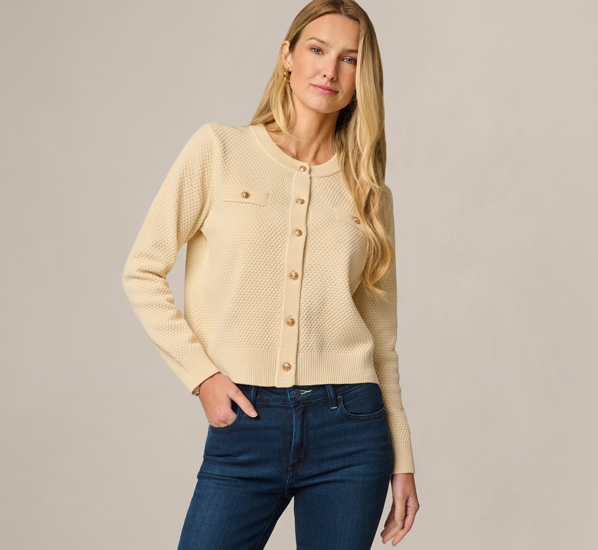 Long Sleeve Textured Knit Cardigan Sweater In Cream 1