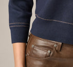Three Quarter Sleeve Contrast Stitch Sweater In Navy Khaki 4