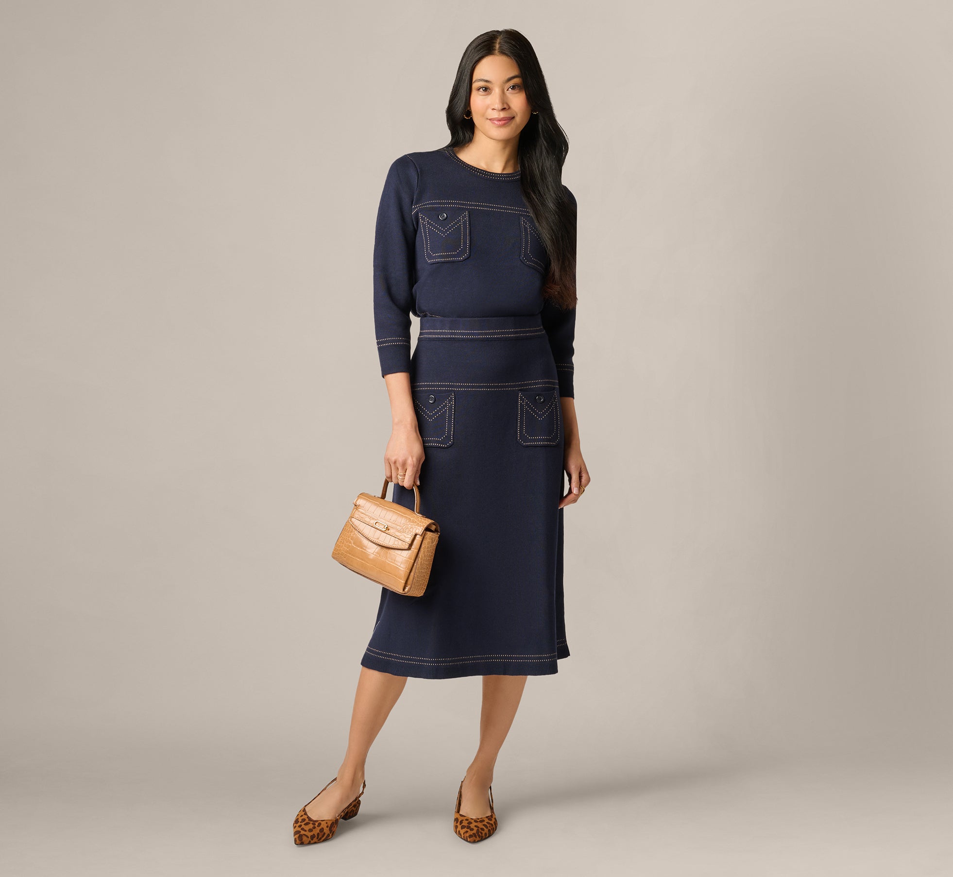 Contrast Stitch Knit Midi Skirt In Navy Khaki 1