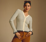 Long Sleeve V Neck Ruffle Cardigan Sweater In Cream Black 1
