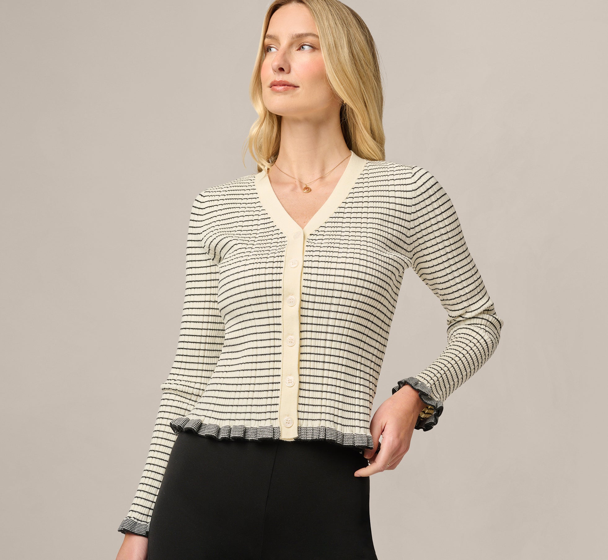 Long Sleeve V Neck Ruffle Cardigan Sweater In Cream Black 1