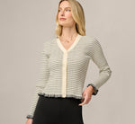 Long Sleeve V Neck Ruffle Cardigan Sweater In Cream Black 1
