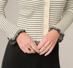 Long Sleeve V Neck Ruffle Cardigan Sweater In Cream Black 5