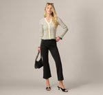 Long Sleeve V Neck Ruffle Cardigan Sweater In Cream Black 2