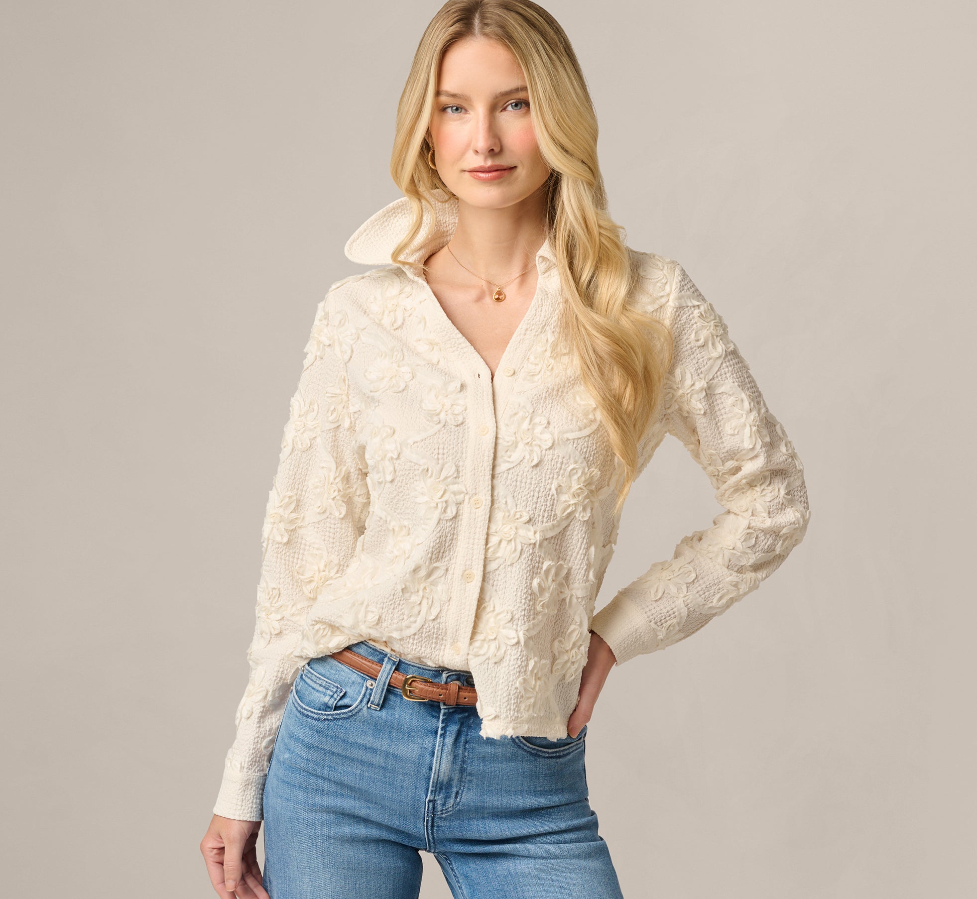 Long Sleeve Floral Embroidery Textured Blouse In Cream 1