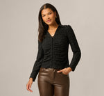 Long Sleeve Textured Semisheer  Ruched Blouse In Black 3