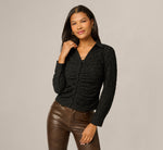 Long Sleeve Textured Semisheer  Ruched Blouse In Black 1