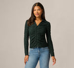 Long Sleeve Textured Semisheer  Ruched Blouse In Jungle Green 3