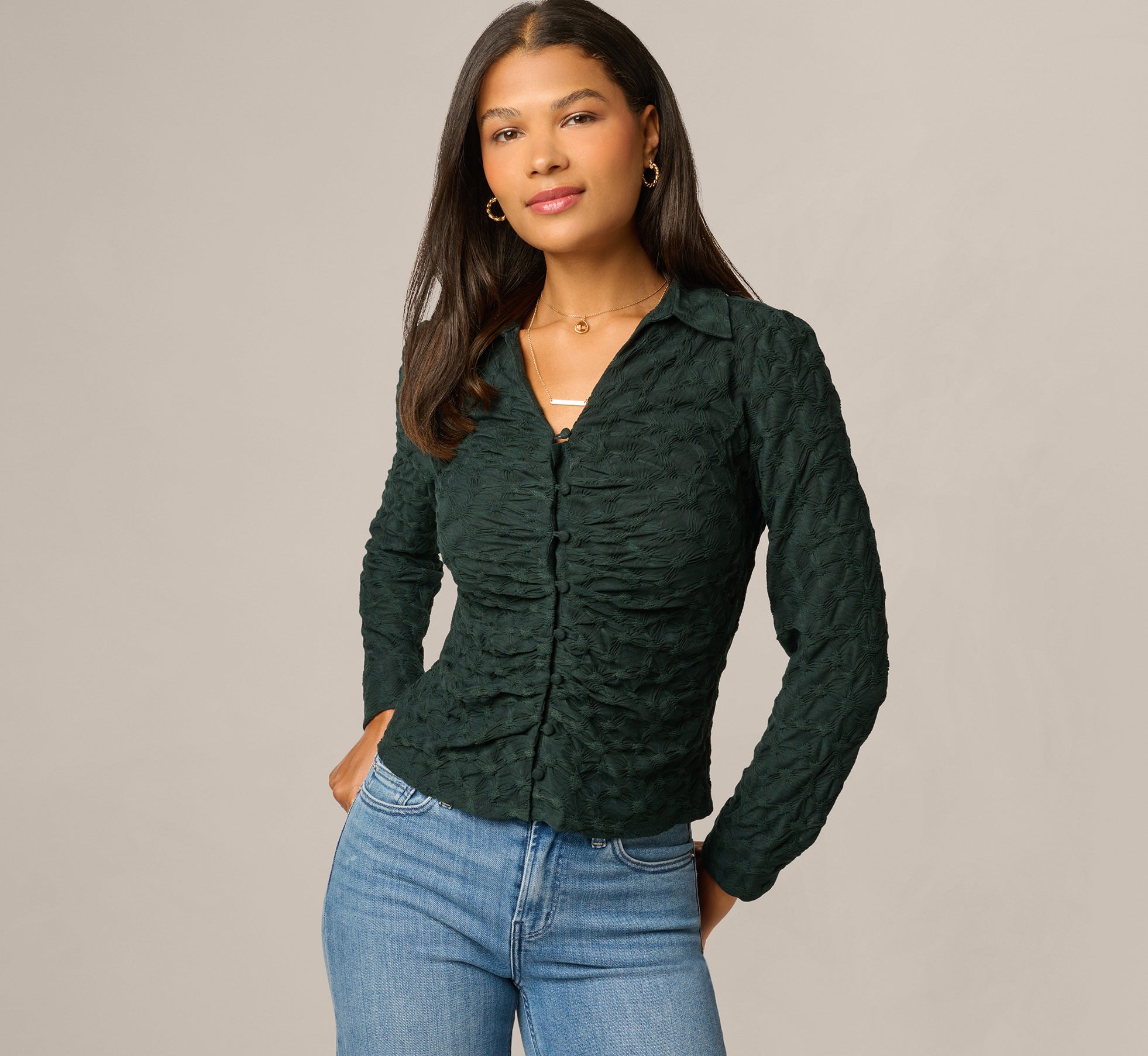 Long Sleeve Textured Semisheer  Ruched Blouse In Jungle Green 1