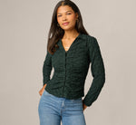 Long Sleeve Textured Semisheer  Ruched Blouse In Jungle Green 1