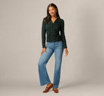 Long Sleeve Textured Semisheer  Ruched Blouse In Jungle Green 2