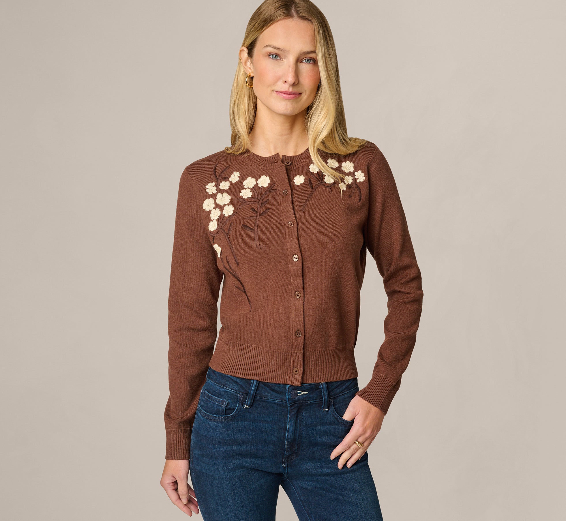 Long Sleeve Floral Blossom Embroidered Cardigan Sweater In Truffle Cream 1