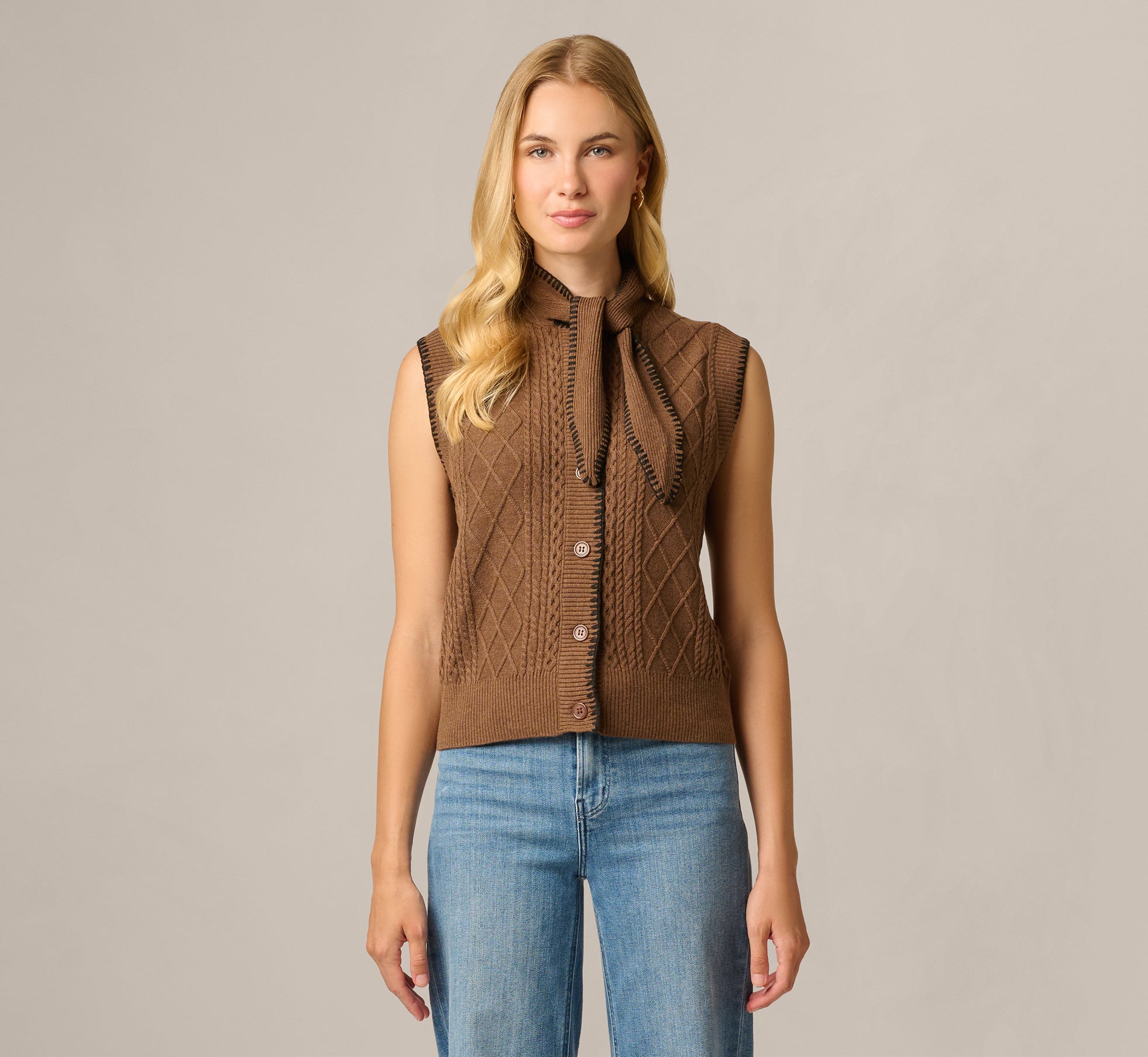 Brown Tie Neck Whipstitch Cable Knit Sweater Vest - Adrianna Papell