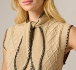 Tie Neck Whipstitch Cable Knit  Sweater Vest In Caramel Black 4
