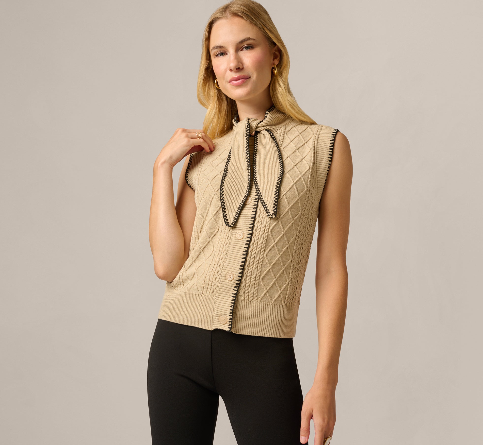 Tie Neck Whipstitch Cable Knit  Sweater Vest In Caramel Black 1