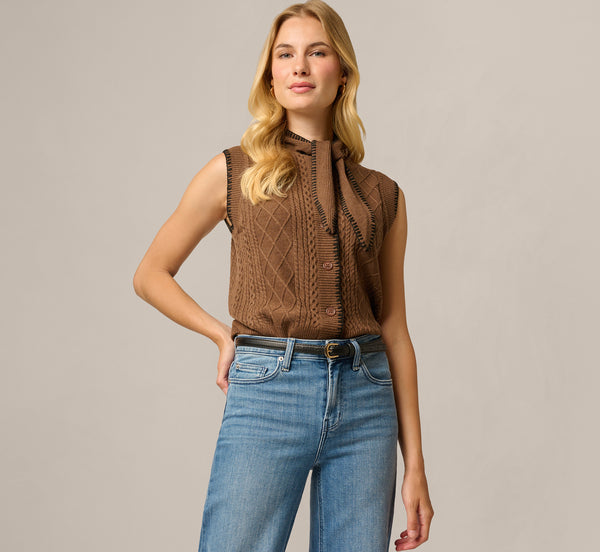 Brown Tie Neck Whipstitch Cable Knit Sweater Vest - Adrianna Papell