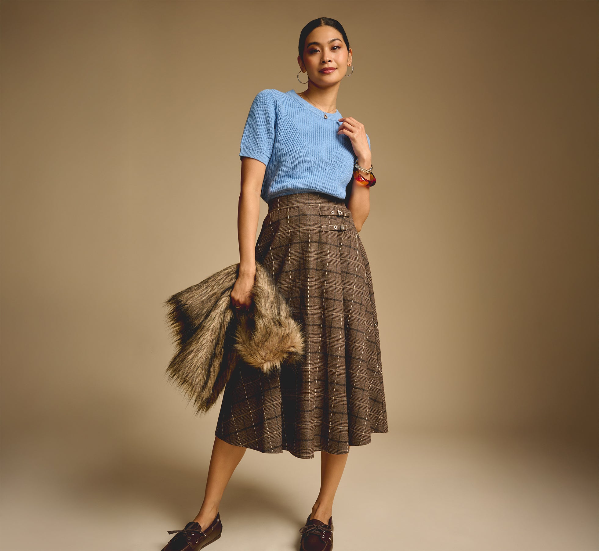 A Line Side Buckle Midi Skirt In Brown Multi 1