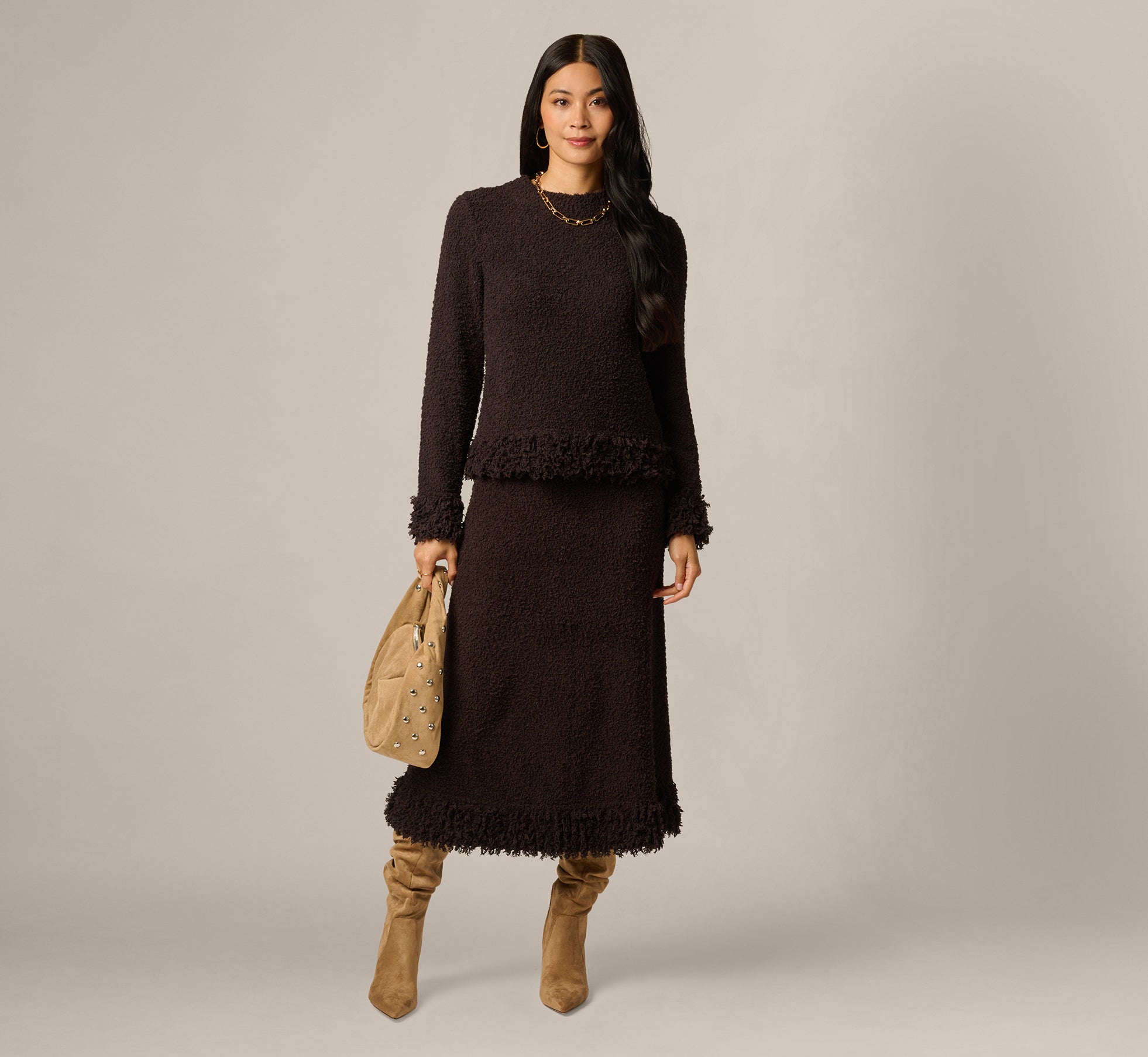 Fuzzy Fringe Hem Sweater Knit Midi Skirt In Dark Roast 1