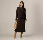 Fuzzy Fringe Hem Sweater Knit Midi Skirt In Dark Roast 1