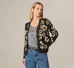 Long Sleeve V Neck Knit Cardigan Sweater In Black Cream 1