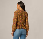 Long Sleeve V Neck Ruffle Top In Chocolate Floral Filigree 6
