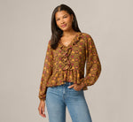 Long Sleeve V Neck Ruffle Top In Chocolate Floral Filigree 3