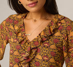 Long Sleeve V Neck Ruffle Top In Chocolate Floral Filigree 4
