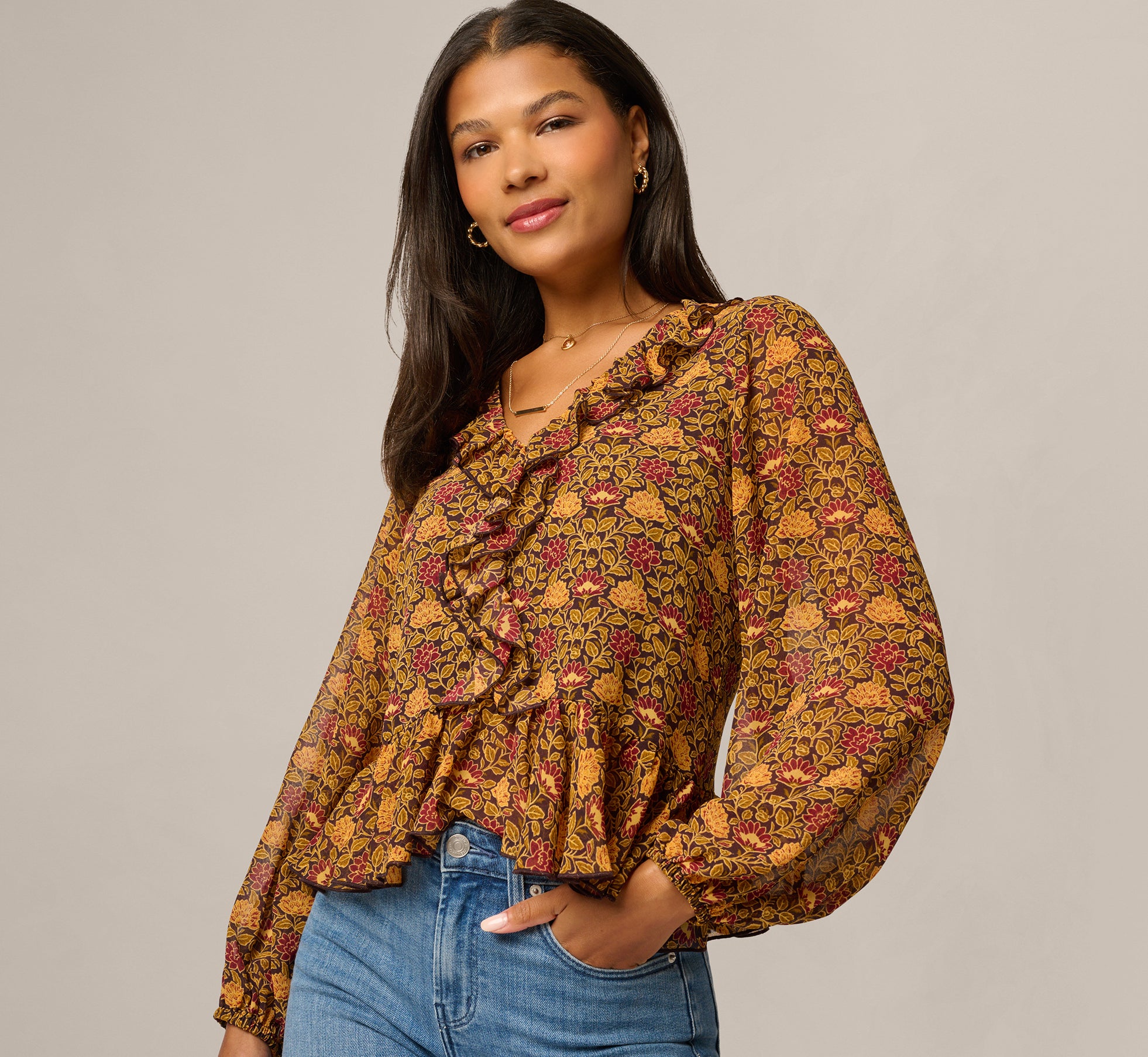 Long Sleeve V Neck Ruffle Top In Chocolate Floral Filigree 1