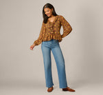 Long Sleeve V Neck Ruffle Top In Chocolate Floral Filigree 2