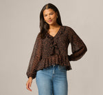 Long Sleeve V Neck Ruffle Top In Black Amber Dot 3