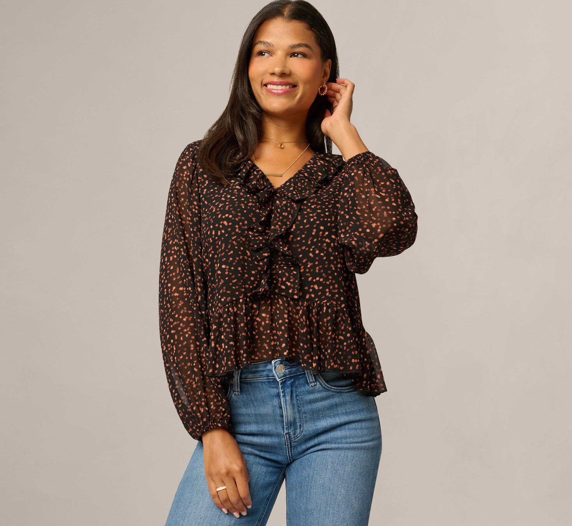 Long Sleeve V Neck Ruffle Top In Black Amber Dot 1