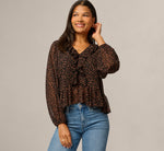 Long Sleeve V Neck Ruffle Top In Black Amber Dot 1