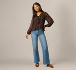 Long Sleeve V Neck Ruffle Top In Black Amber Dot 2