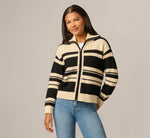 Long Sleeve Zipper Collar Cardigan Sweater In Cream Black 3