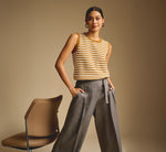 Belted Topstitch Wide Leg Pleat Pant In Slate Grey Ivory 1