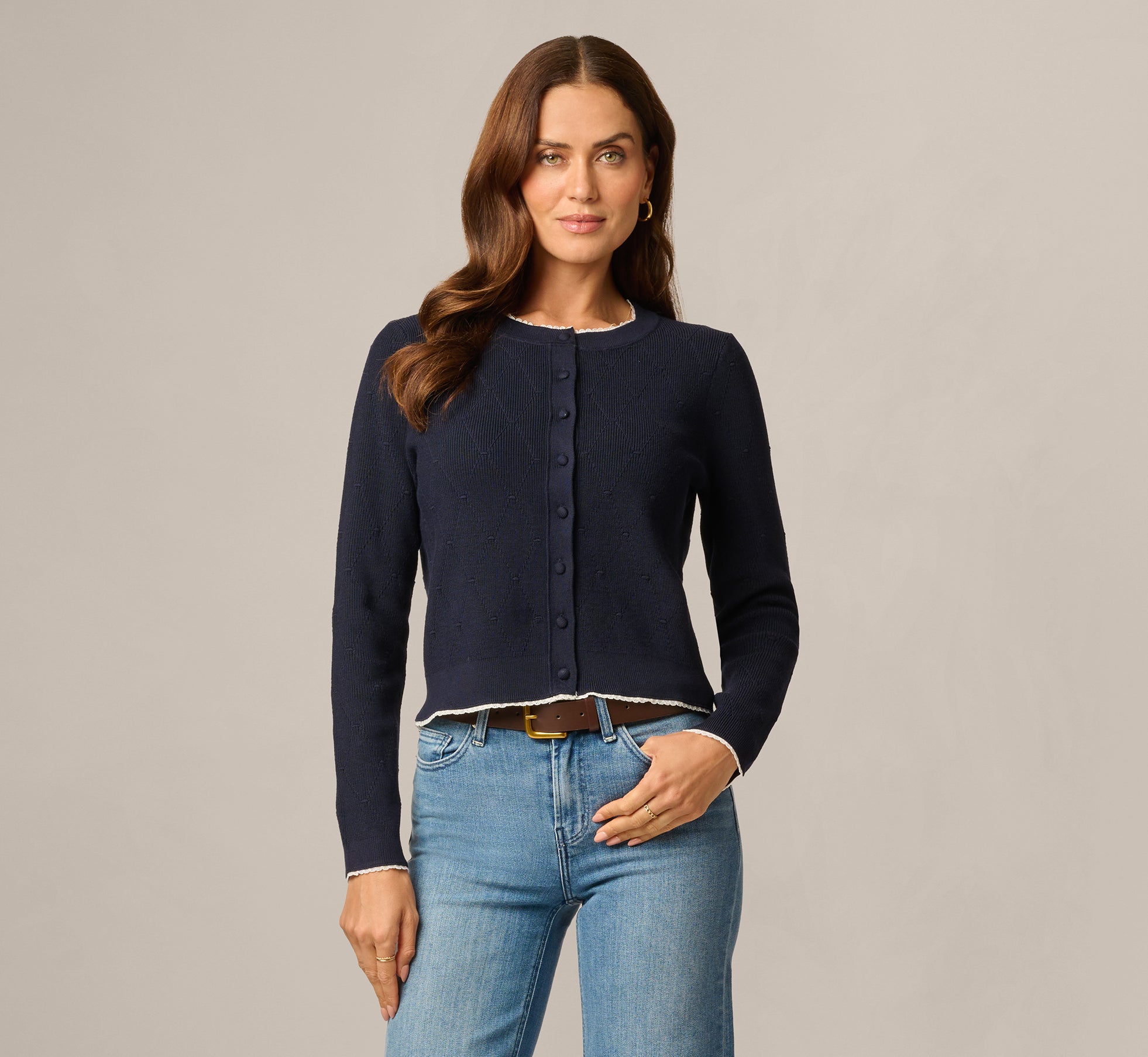Multi Colored Long Sleeve Crochet Trim Cardigan Sweater - Adrianna