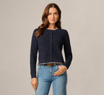 Long Sleeve Crochet Trim Cardigan Sweater In Navy Ivory 3